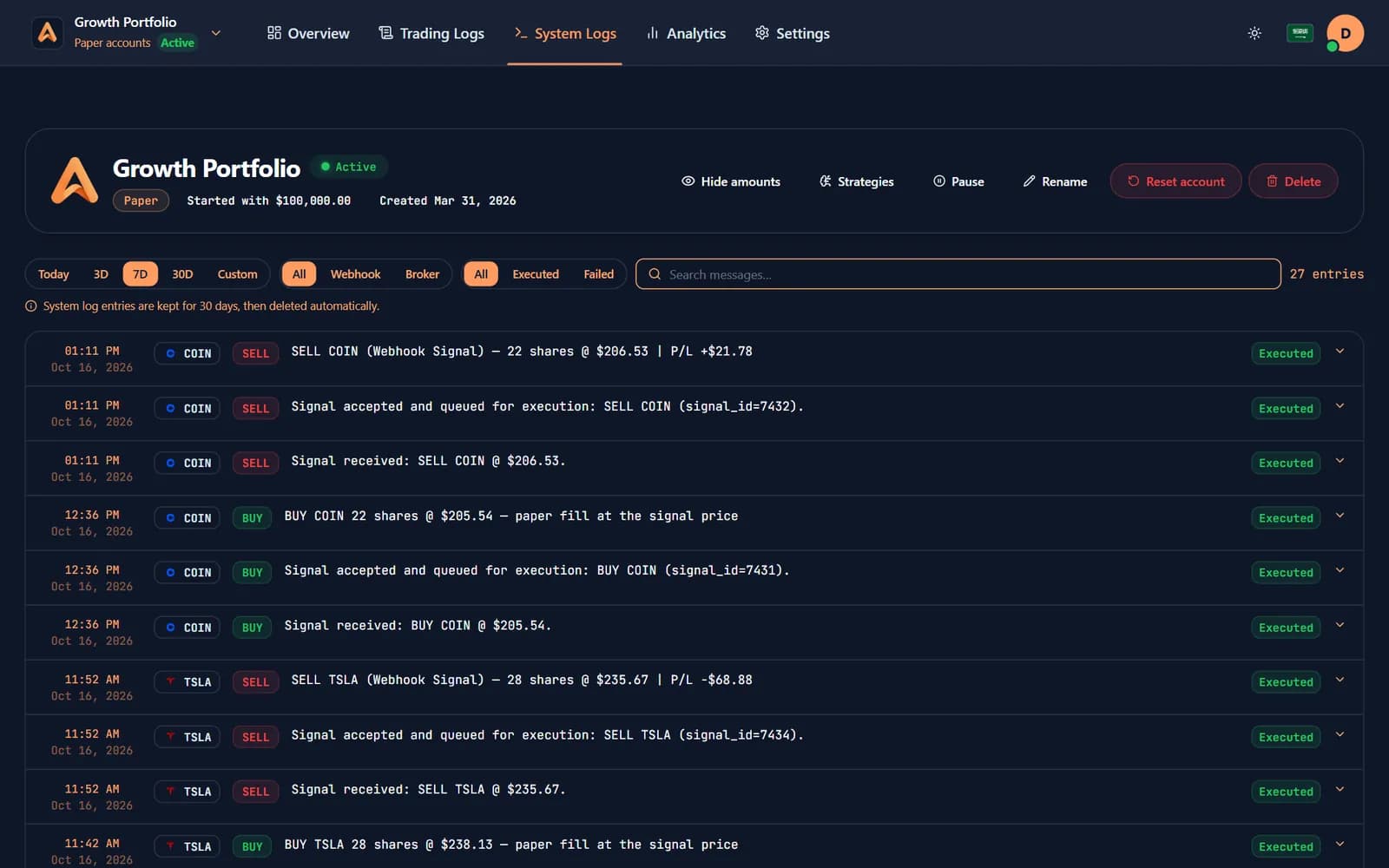 Algomatex system log: each signal received, accepted and filled, with its P&L