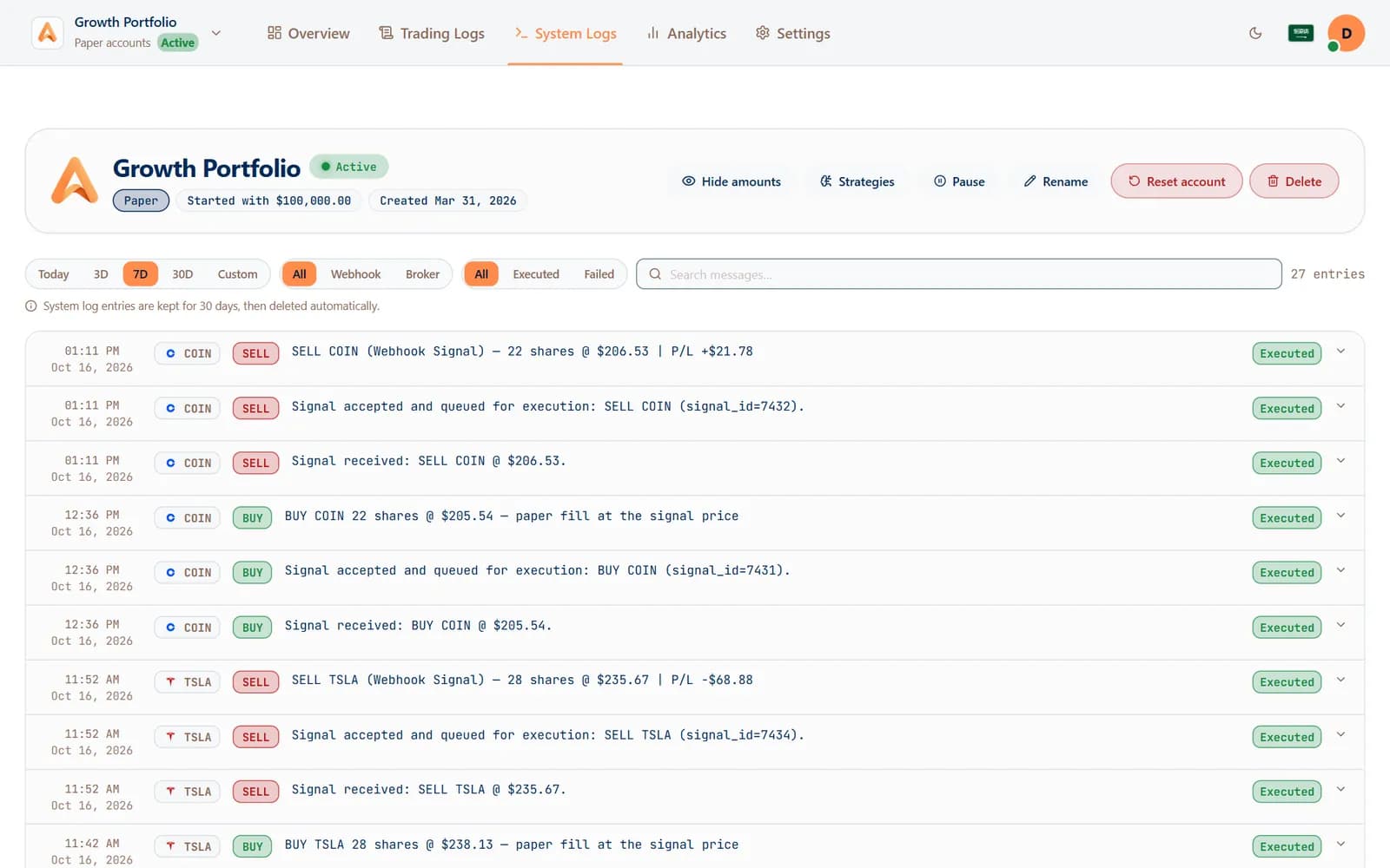 Algomatex system log: each signal received, accepted and filled, with its P&L